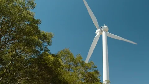 Wind turbine in operation against blue sky and gum tree - HD 25P. Stock Footage 87862853