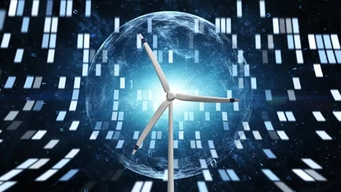 Wind turbine plant loop rotation on a digital technology network Stock Footage 340588139