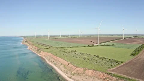 Wind Turbine Power Generators At Sea Coastline. Alternative Renewable Energy 스톡 동영상 131097553