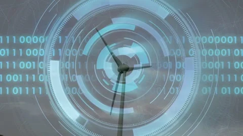 Wind turbine receiving data, blades rotating, HUD rings filling hub with binary, Stock Footage 332544825