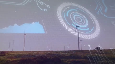 Wind turbine receiving overlay as UI fading in, HUD circling and chart shifting, Stock Footage 332544840