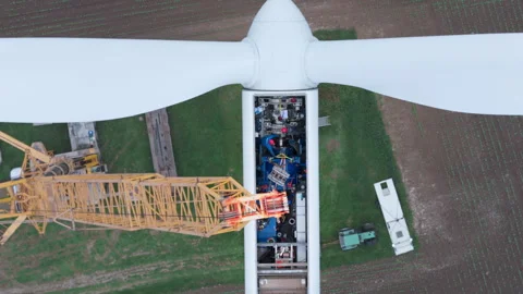 Wind turbine repaired by workers, maintenance of turbine Stock Footage 276279693