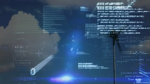 Wind turbine rotating against deep blue sky, displaying interface with code Stock Footage 307885724