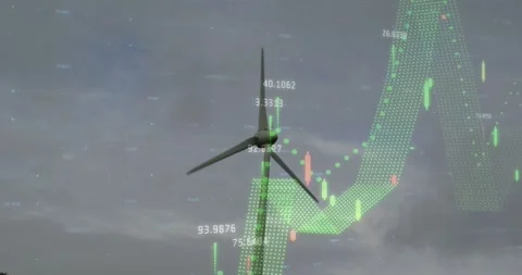 Wind turbine rotating in clouds, data feed starting finance overlay rising Stock Footage 334316266