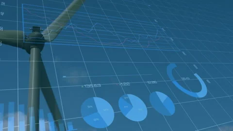 Wind turbine rotating in flat design, showing digital overlays with charts and Stock Footage 307858156