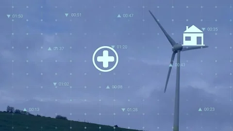 Wind turbine rotating on hill, timecode updates causing animated icons to map Stock Footage 333903165