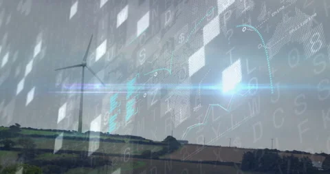 Wind turbine rotating over hillside fields, displaying data charts floating over Stock Footage 309099093