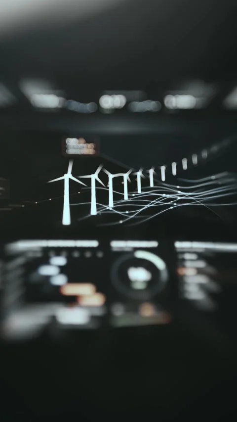 Wind Turbine Row with Airflow Simulation Lines Stock Footage 338402981