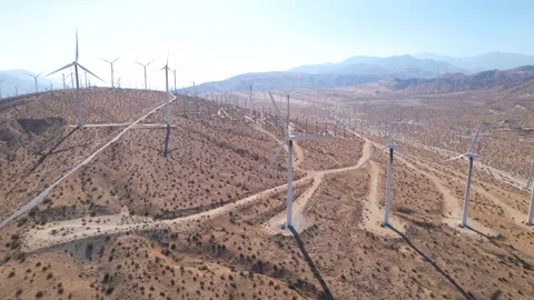 Wind Turbine Rows Across San Gorgonio Desert, 4K Stock Footage 201646945