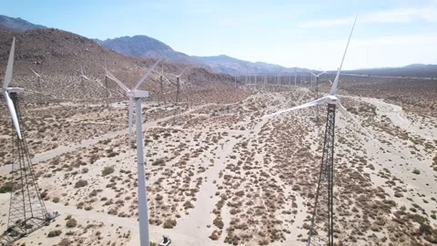 Wind Turbine Rows in Desert Pass Near Palm Springs, 4K Stock Footage 197017988