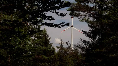 A wind turbine as seen through a forest 4k 25fps video Stock Footage 281360997