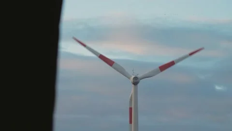 Wind turbine from ship window, windmill farm, sustainable development Видео 237264000