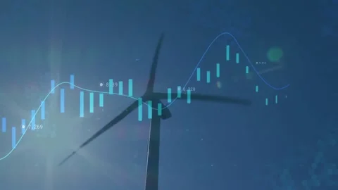 Wind turbine silhouette being backlit by sun flare, showing cyan candlestick Stock Footage 326891389