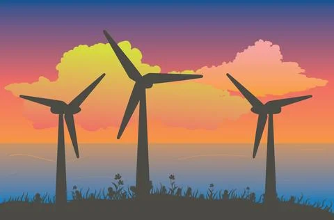 Wind turbine silhouette at sunset Stock Illustration