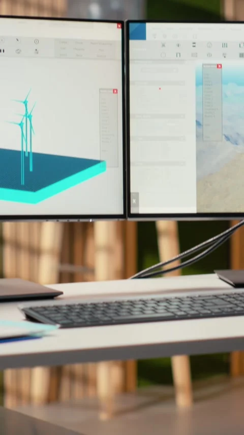 Wind turbine simulation on PC screens in research and development office Stock Footage 315474398