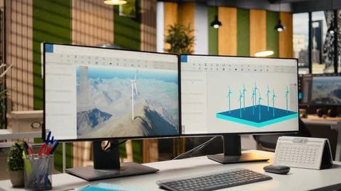 Wind turbine simulation on PC screens in research and development office Stock Photos