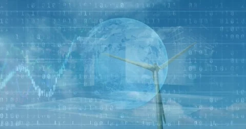Wind turbine spinning around globe, solar panels, binary code floating, line Stock Footage 330295208