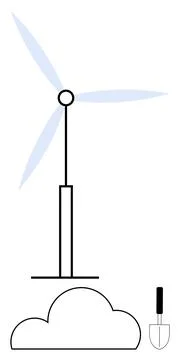 Wind turbine standing behind a cloud with a small gardening trowel by its sid Stock Illustration