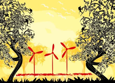 Wind turbine on sundown Stock Illustration