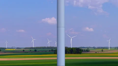 A wind turbine on a sunny day, surrounded by golden rapeseed fields. Stock Footage 308275455