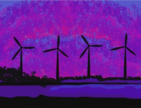 Wind turbine sunset background ecosystem for design Stock Illustration