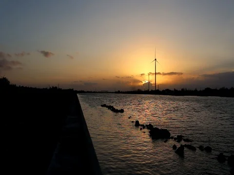 Wind turbine on sunset  sky background Stock Footage 73720547