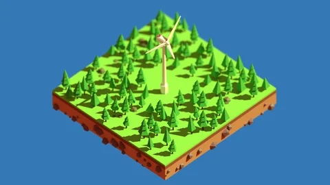 Wind turbine surrounded by trees swaying in the wind, loopable animation Stock Footage 120599441