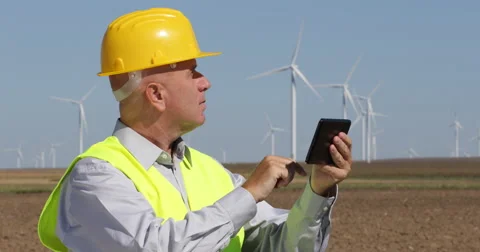 Wind Turbine Technician Check Using Touch Tablet Engines Daily Function Report Stock Footage 68419904