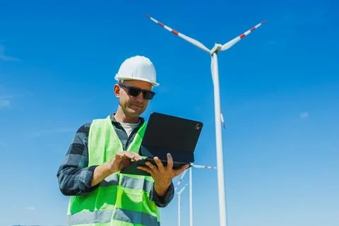Wind turbine technician checks data on a tablet in a wind farm on a sunny day 스톡 사진