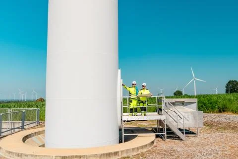 Wind turbine technicians performing maintenance in a green energy field on .. Stock Photos
