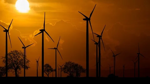 Wind Turbine: Time Lapse at Sunset with Red Clouds and Fiery Sky, Energy Stock Footage 126272952