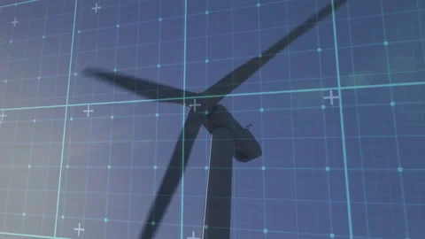 Wind turbine tower and blades rotating under digital grid overlay in animated 3D Stock Footage 307858009