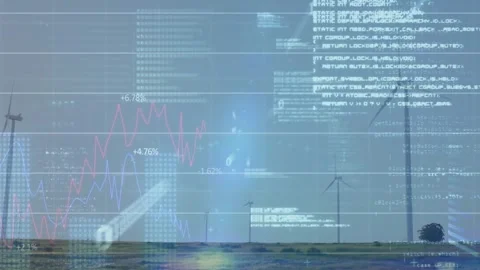 Wind turbine tower on right side showing red and blue percent graphs overlaying Stock Footage 327786288