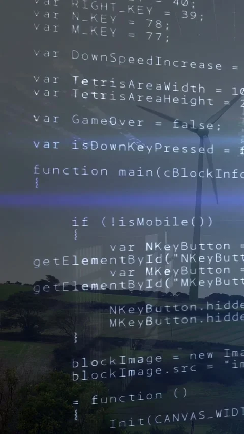 Wind turbine turning while left code overlay scrolling across fields and Stock Footage 332985011