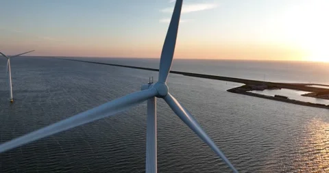 Wind turbine in wind park, renewable energy on the Afsluitdijk, The Netehrlands Stock-Footage 308791919