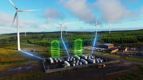 Wind Turbines with 3D Blue Animated Energy Lines Powering BESS Battery Energy Stock Footage 339771281