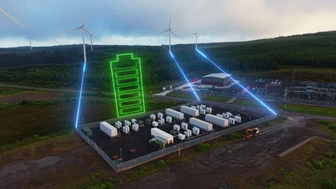 Wind Turbines with 3D Blue Animated Energy Lines Powering BESS Battery Energy Stock Footage 340822150