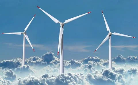 Wind turbines above the clouds Stock Illustration