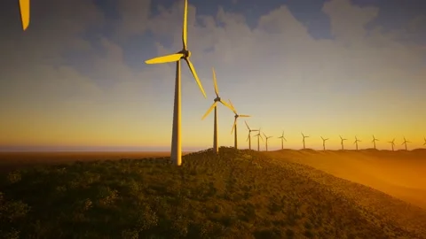 Wind Turbines Aerial Moving Camera At Sunset Video stock 155451829