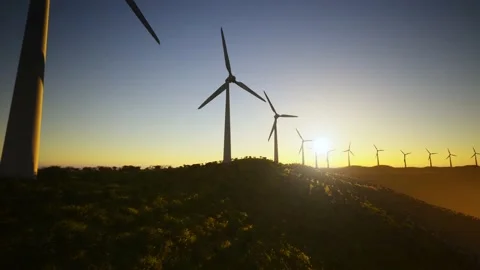 Wind Turbines Aerial Moving Camera At Sunset Video stock 155454437