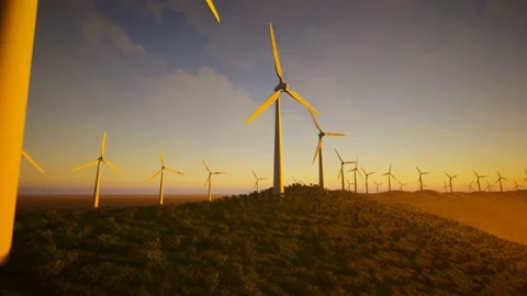 Wind Turbines Aerial Moving Camera At Sunset Stock-Footage 155459131