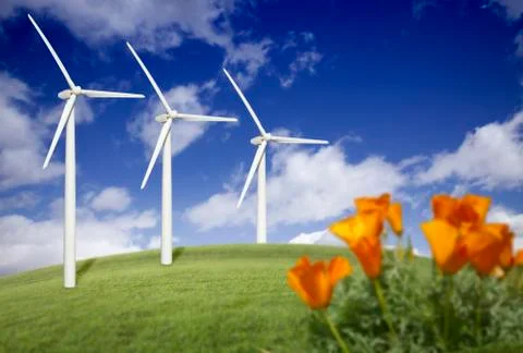 Wind Turbines Against Dramatic Sky and California Poppies  . Stock Photos