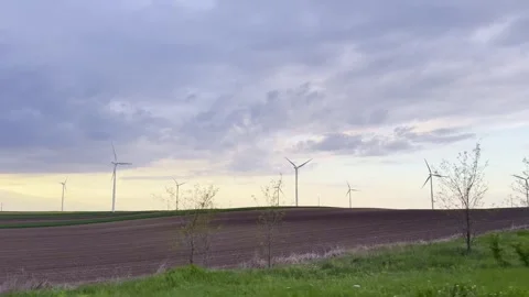 Wind Turbines on Agricultural Fields Under Dramatic Evening Sky 库存影片 335215723