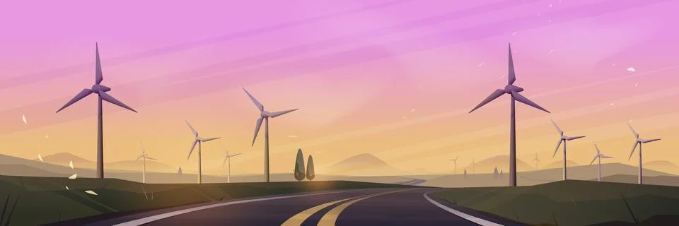 Wind turbines along empty road at sunset Stock Illustration