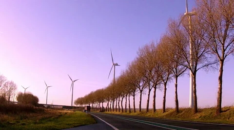 Wind turbines along the road. Time lapse. Stock Footage 35142877