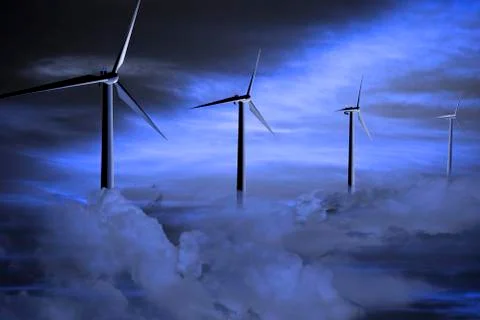 Wind turbines among clouds Stockillustratie