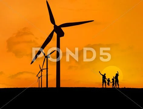 Wind turbines and family with a sunset Stock Photos