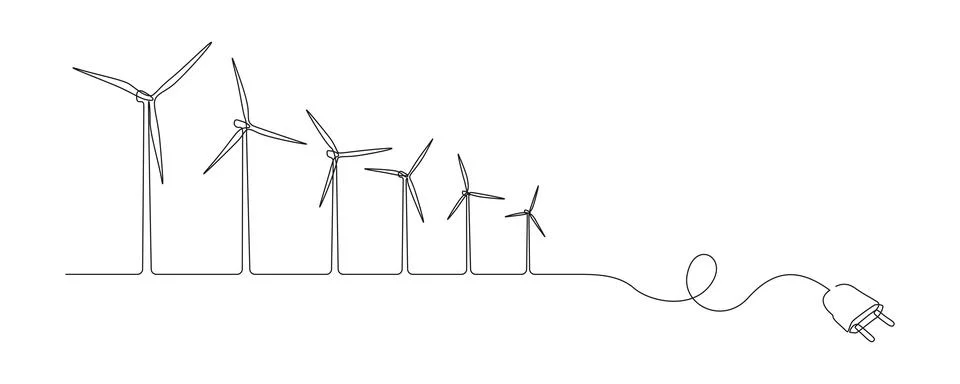 Wind turbines and plug in one continuous line drawing. Green energy and Stock Illustration