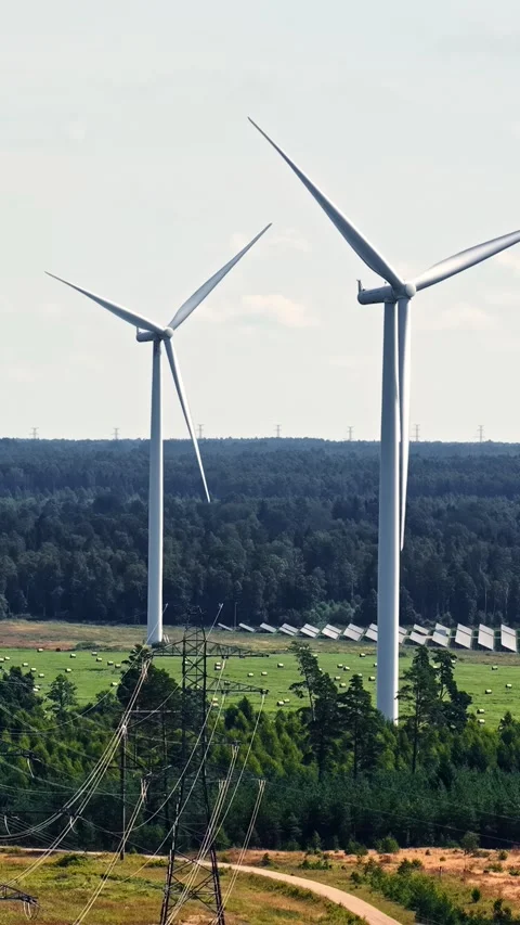 Wind turbines and power lines producing clean renewable energy on a wind farm Stock Footage 344430496