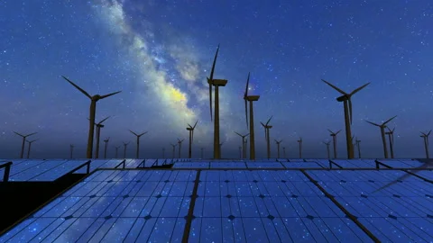Wind turbines and solar panel field under a starry sky Stock Footage 170190179